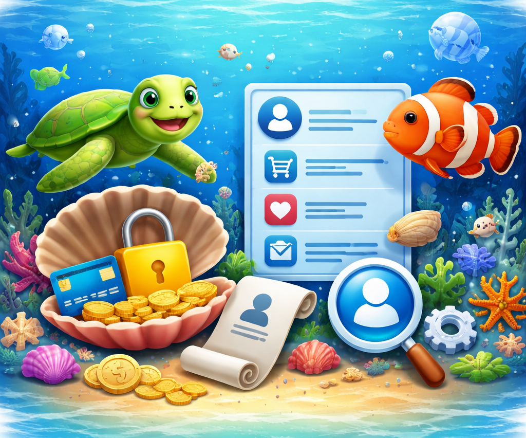 Bunte Unterwasser-Illustration mit Meeresschildkröte und Clownfisch, die ein Benutzerkonto im Webshop symbolisieren, inklusive Symbole für Profil, Bestellungen, Sicherheit und Zahlungsdaten.