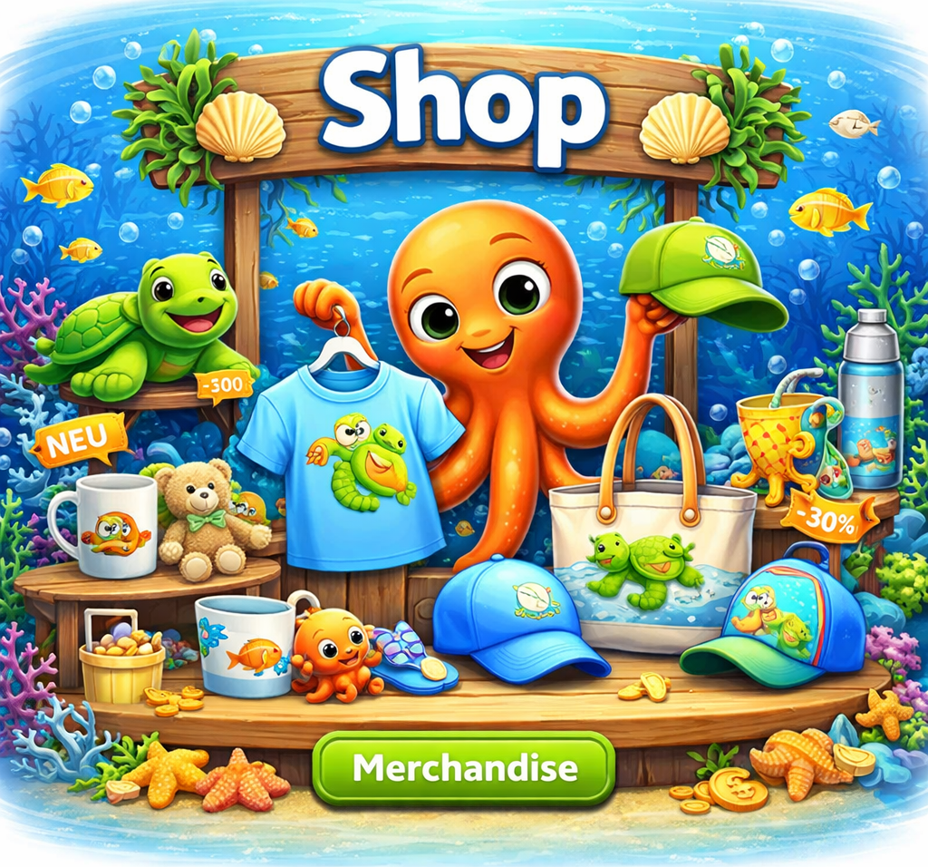 Bunte Unterwasser-Illustration eines Online-Shop mit Merchandise-Artikeln wie T-Shirts, Caps und Accessoires, präsentiert von freundlichen Meeresfiguren in einer kreativen Ozeanumgebung.