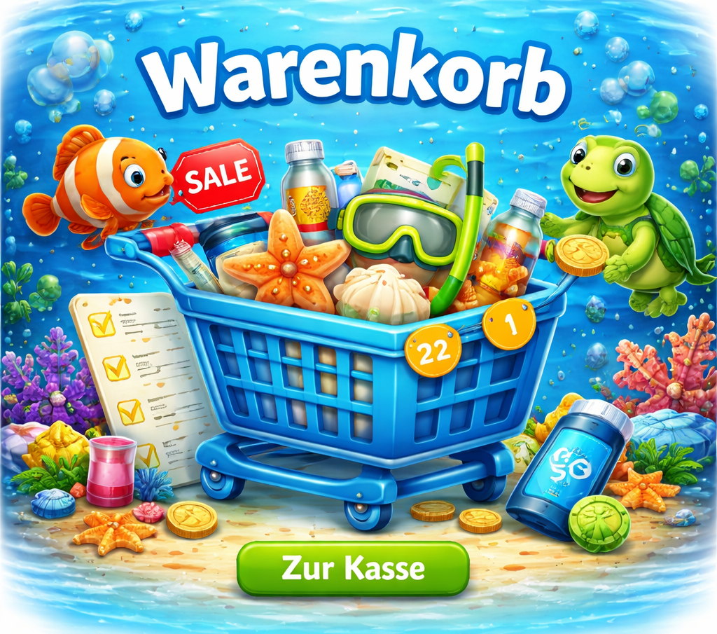 Unterwasser-Illustration eines Warenkorbs im Online-Shop mit ausgewählten Produkten, Preisangaben und ‚Zur Kasse‘-Button, dargestellt in einer bunten Meereswelt mit Fischen und Schildkröte.